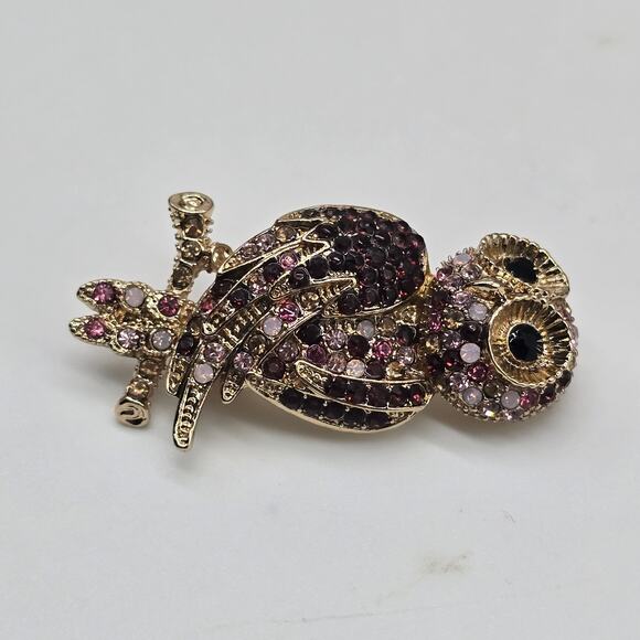 Monet Purples & Pinks Rhinestone Owl Brooch Pin RetroChic ElegantPin Gold Tone - Picture 2 of 6